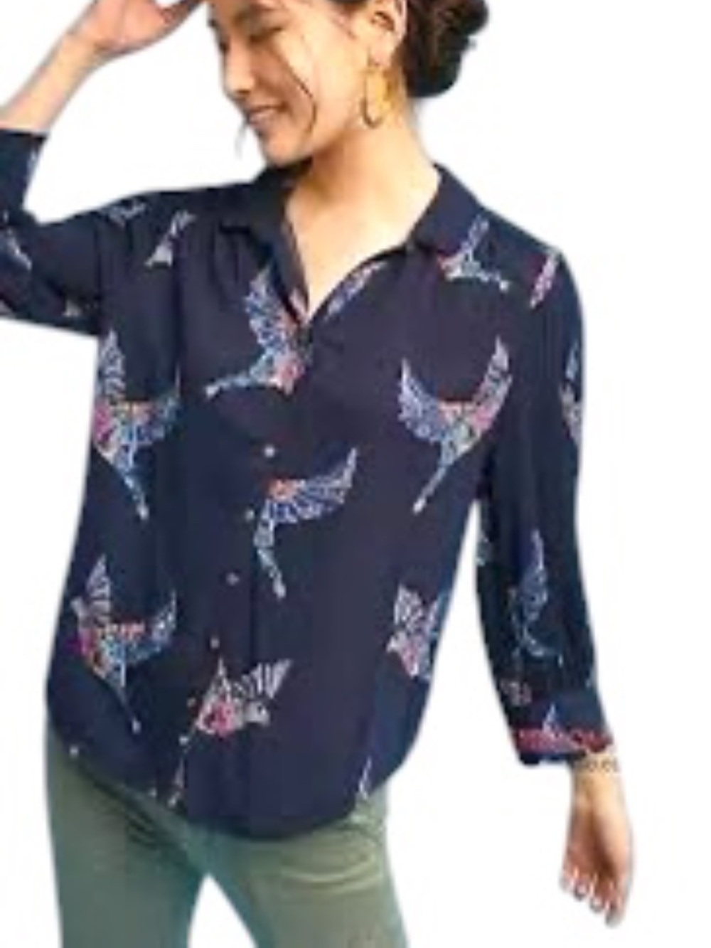 Anthropologie Maeve Navy Floral Bird Print Button Down Sz S